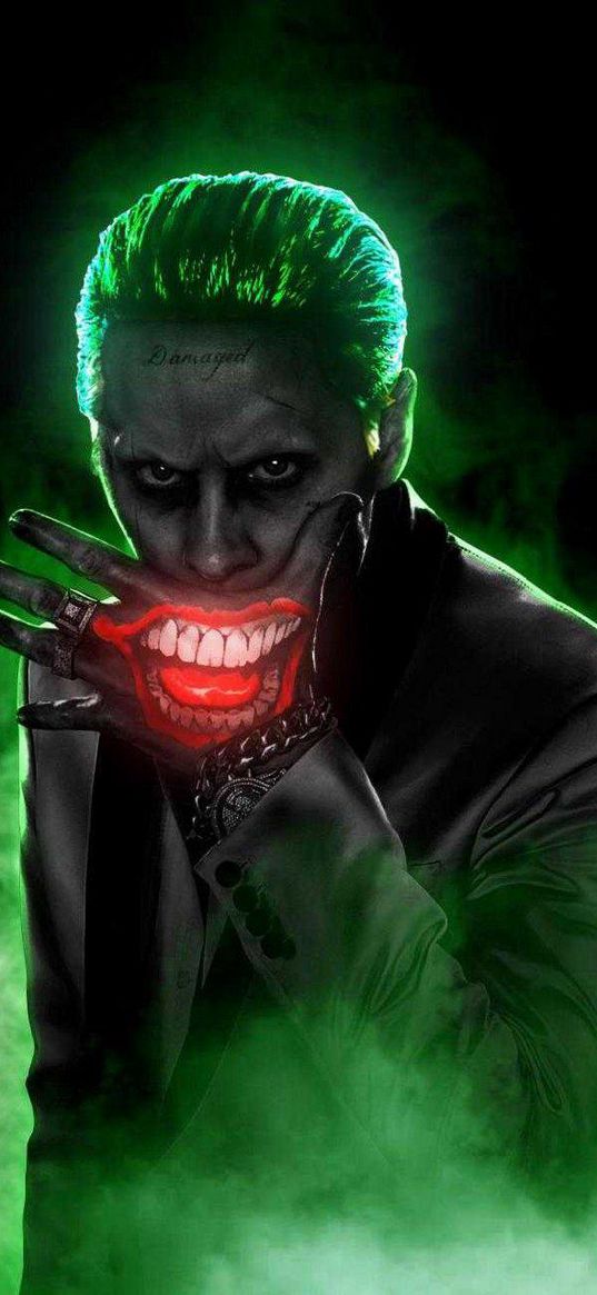 joker, batman, villain, ds, clown, scary, tattoo, smile, mouth, smoke, green