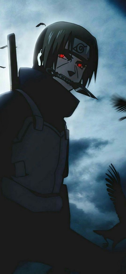 itachi uchiha, itachi, naruto, anime, guy, bandana, kunai, red eyes, birds, sky, art