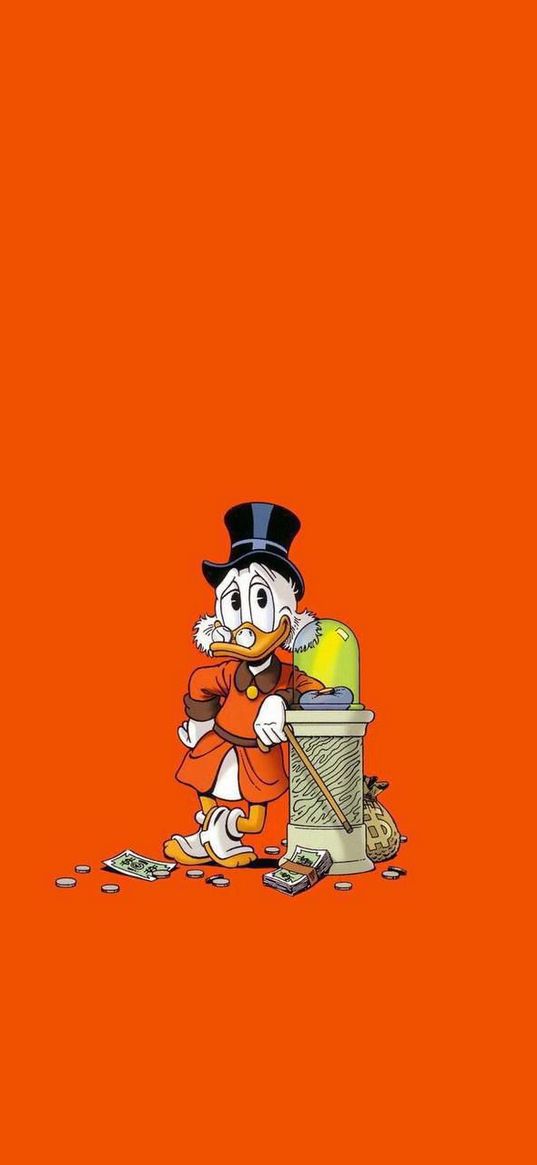 scrooge mcduck, character, duck, cartoon, disney, money, dollars, orange background, art