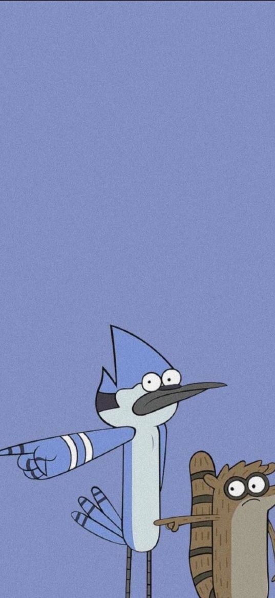 mordecai, rigby, regular show, raccoon, bird, cartoon, characters, purple background, art