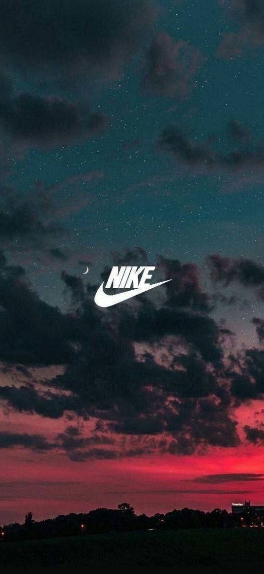 nike, logo, sunset, sky, clouds, stars, city, evening