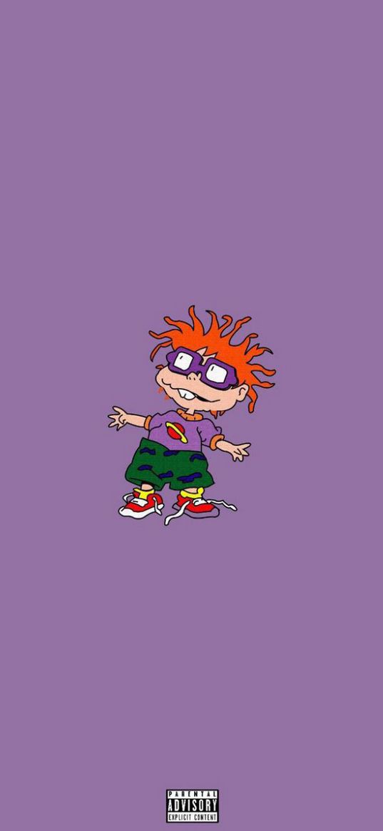 chucky, rugrats, cartoon, boy, glasses, purple background, art