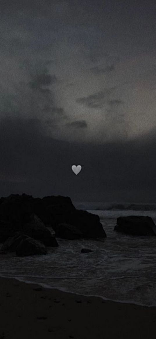 rocks, sea, waves, shore, clouds, sky, dark, heart