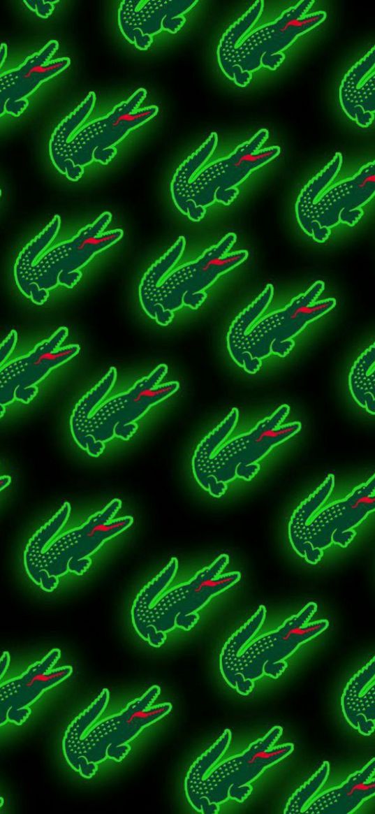 lacoste, logo, crocodile, green, neon, black background