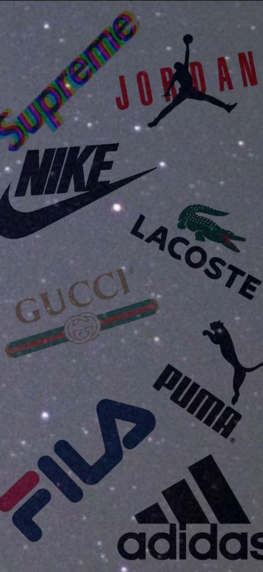 adidas, puma, gucci, nike, jordan, lacoste, brands, mix, gray background, glitter