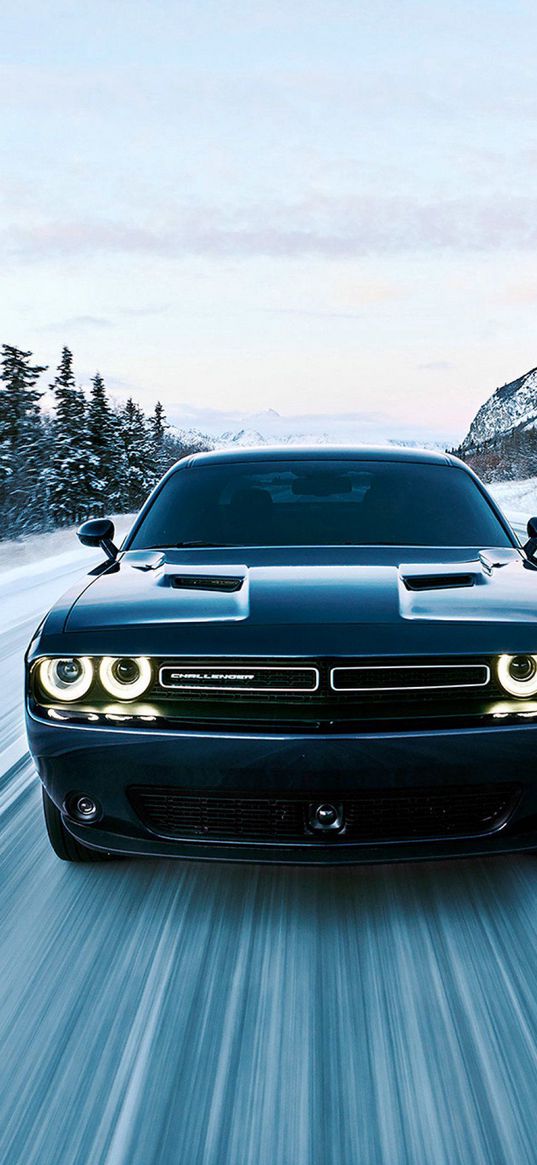 dodge challenger, dodge, car, black, road, speed, winter