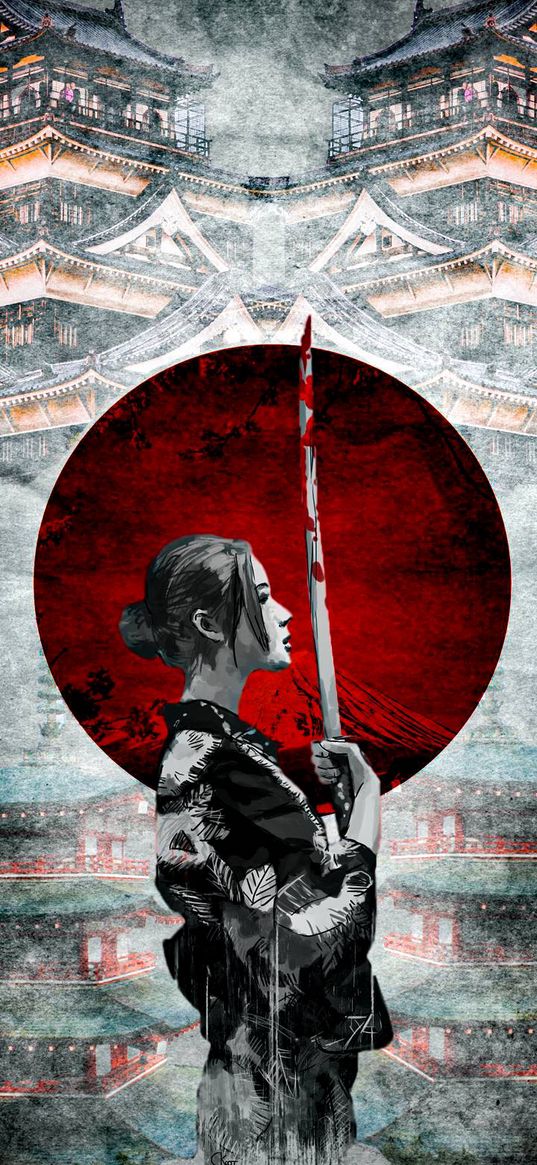 japan, girl, kimono, samurai, katana, art