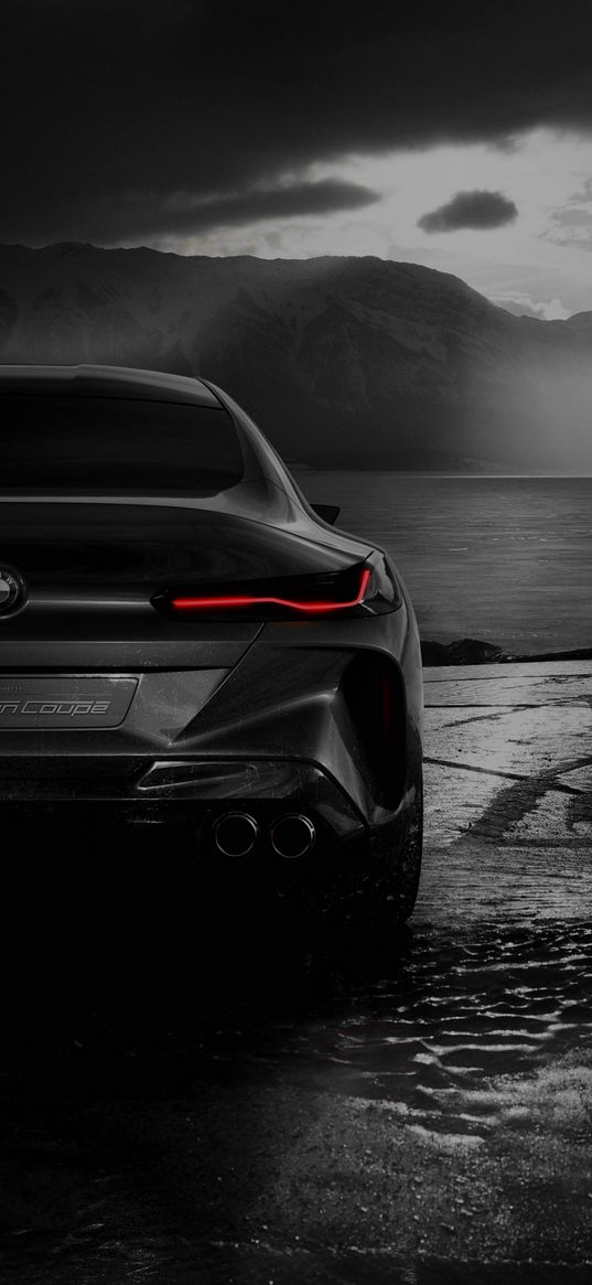 bmw, m8, auto, black auto, rear lights, bw, black and white