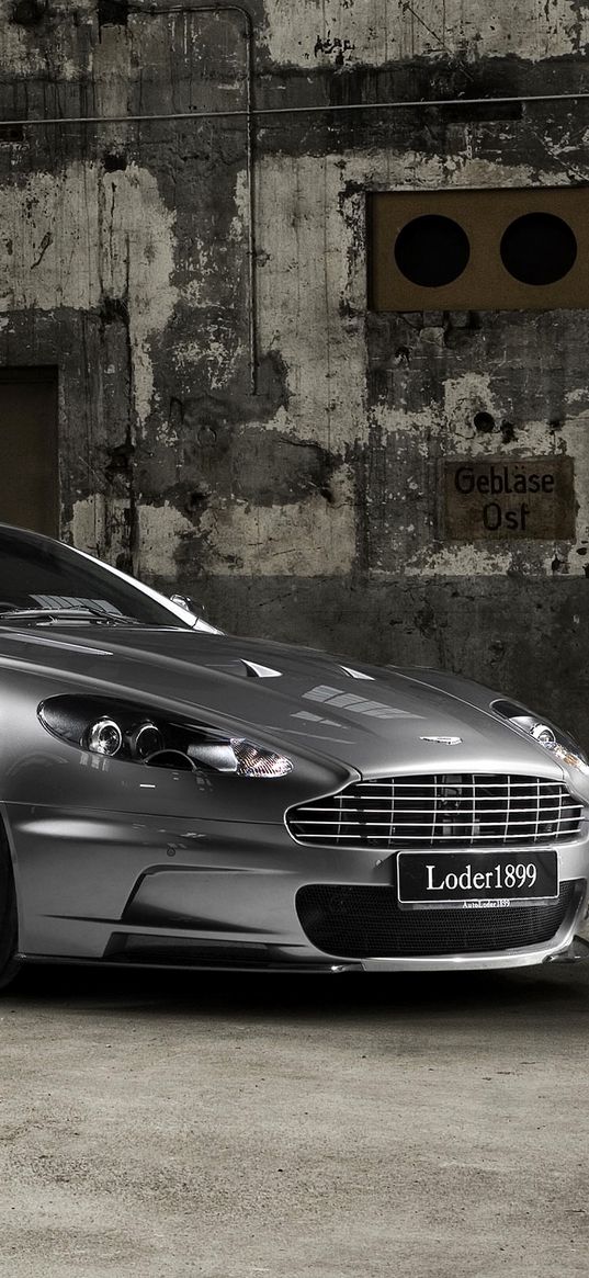 aston martin, dbs, 2009, gray, side view, cars, building