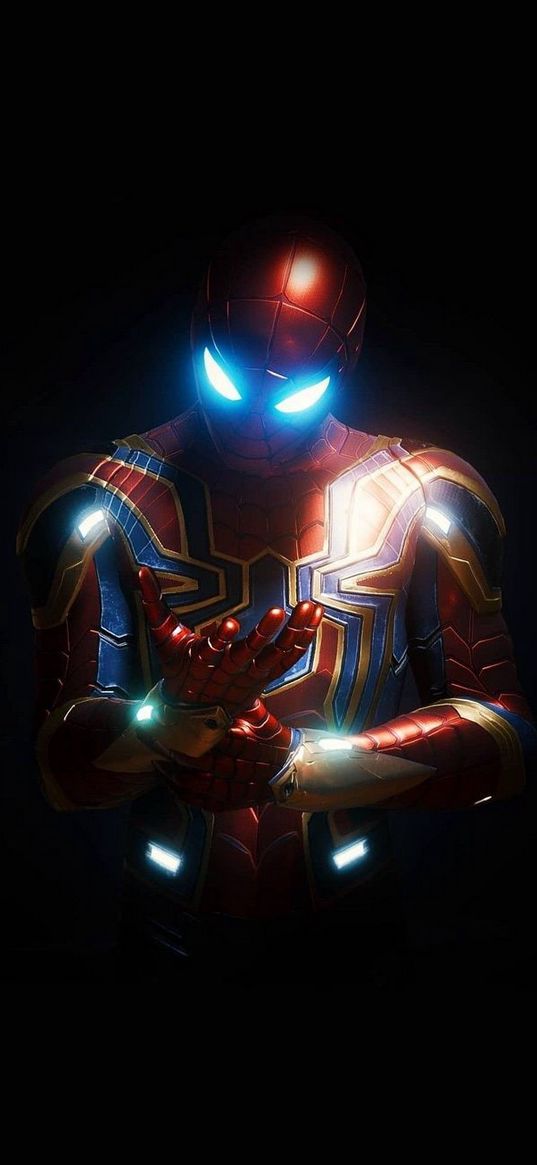 spider-man, spiderman, marvel, superhero, peter parker, suit, light, black background