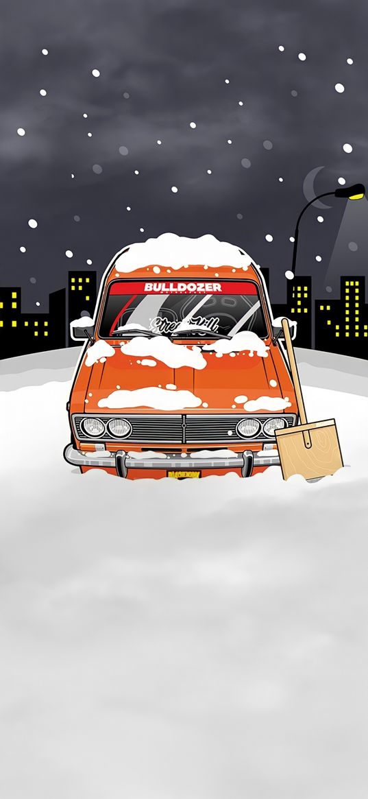 vaz, car, art, zhiguli, winter, snow, shovel