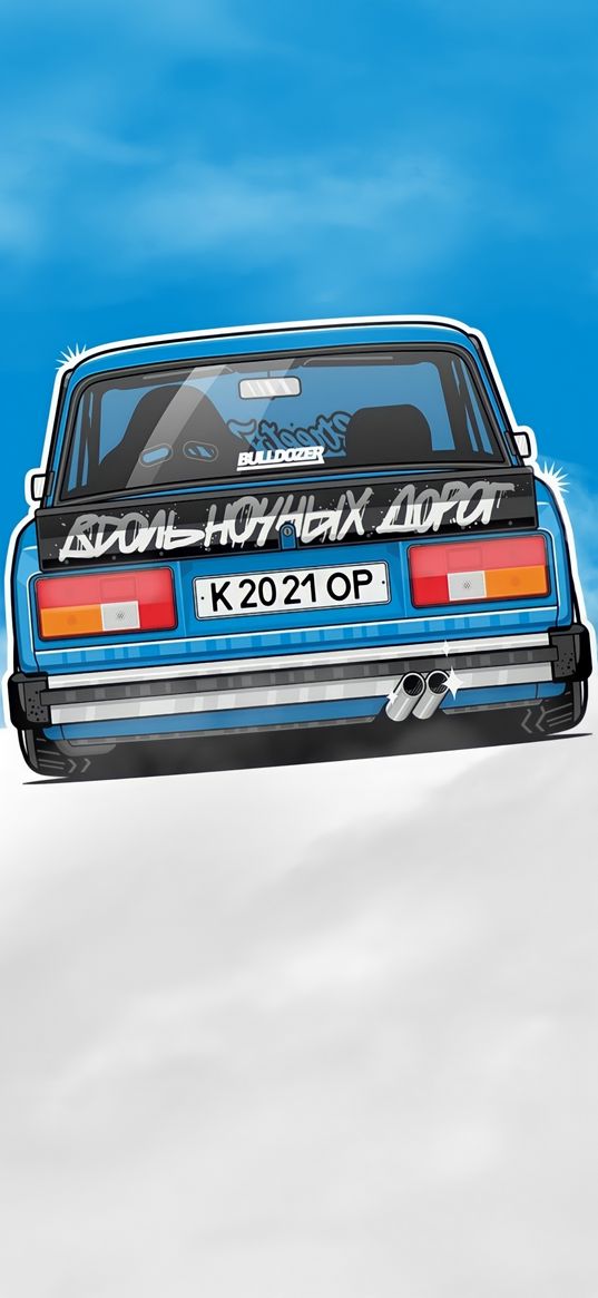 vaz, car, art, zhiguli, blue, rear view