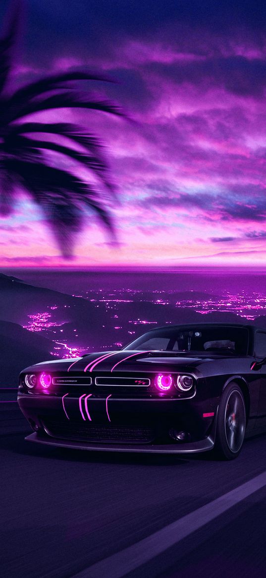 dodge, dodge challenger, auto, black auto, purple, city, art