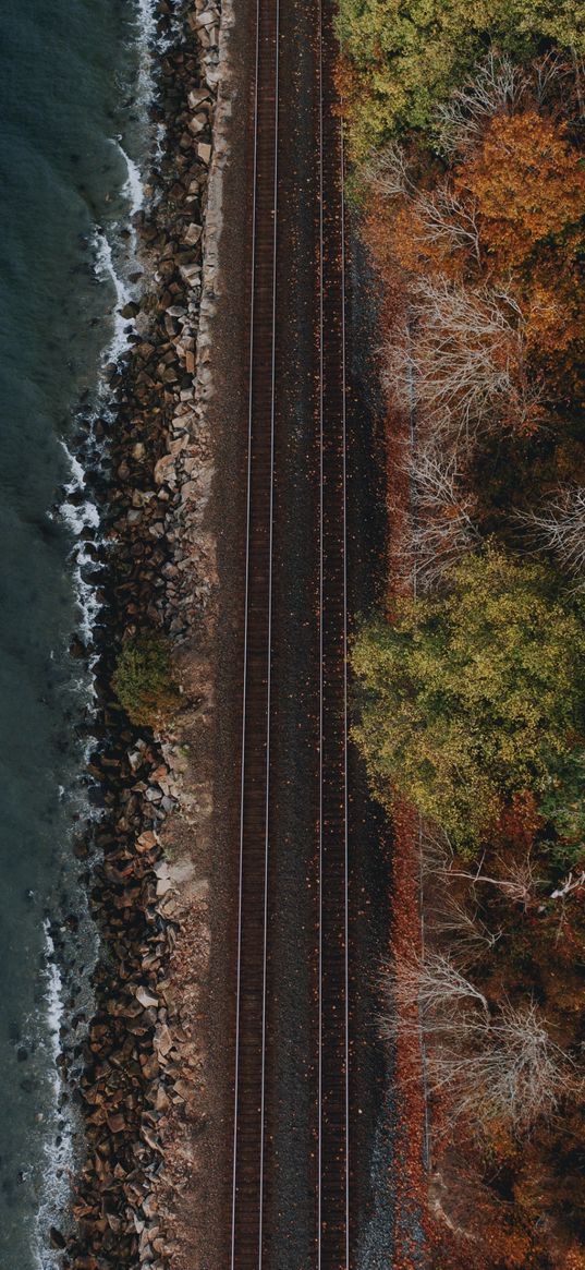 rails, railway, sea, aerial view