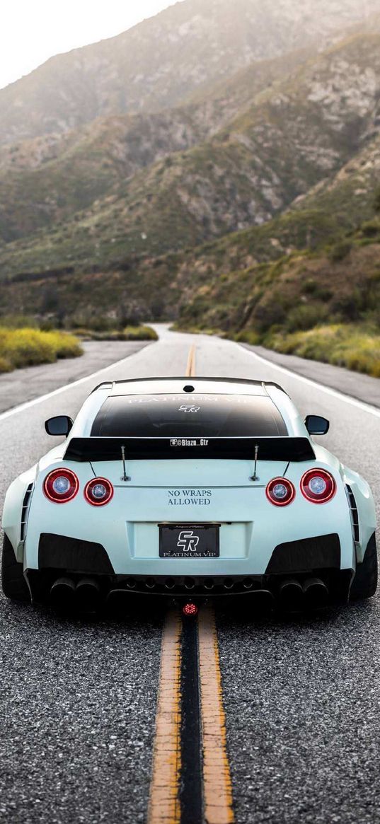 nissan, nissan gtr, auto, white auto, road, mountains