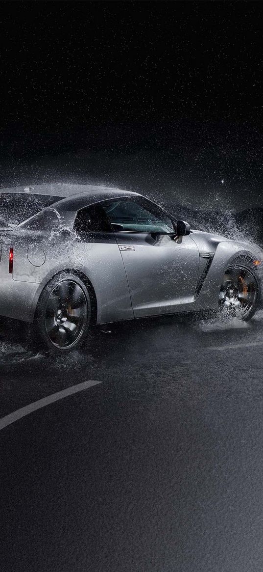 nissan, nissan gtr, auto, white auto, rain, splash