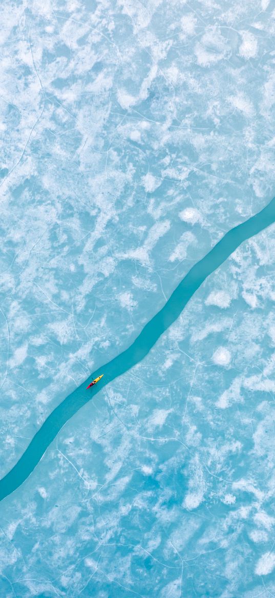 ice, water, boat, kayak, winter, aerial view