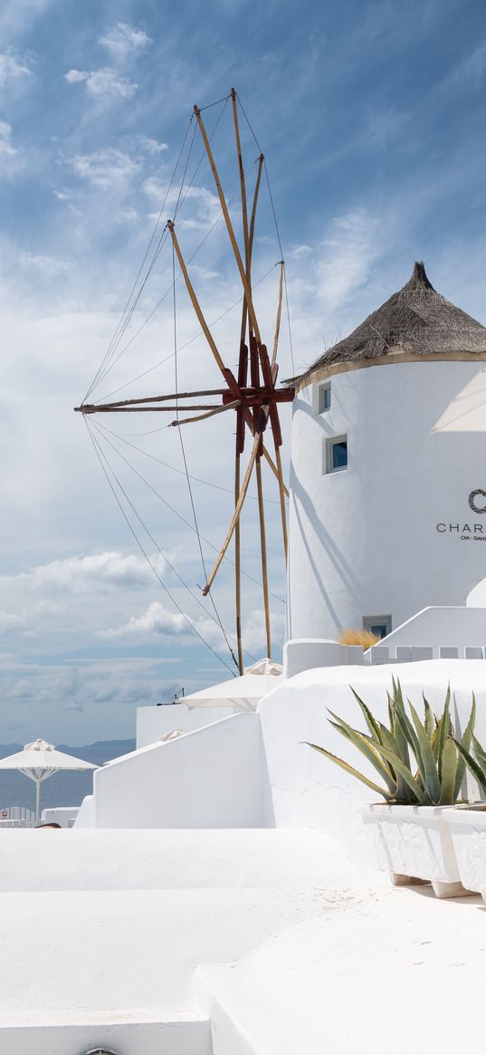 wind tower, santorini, greece, white