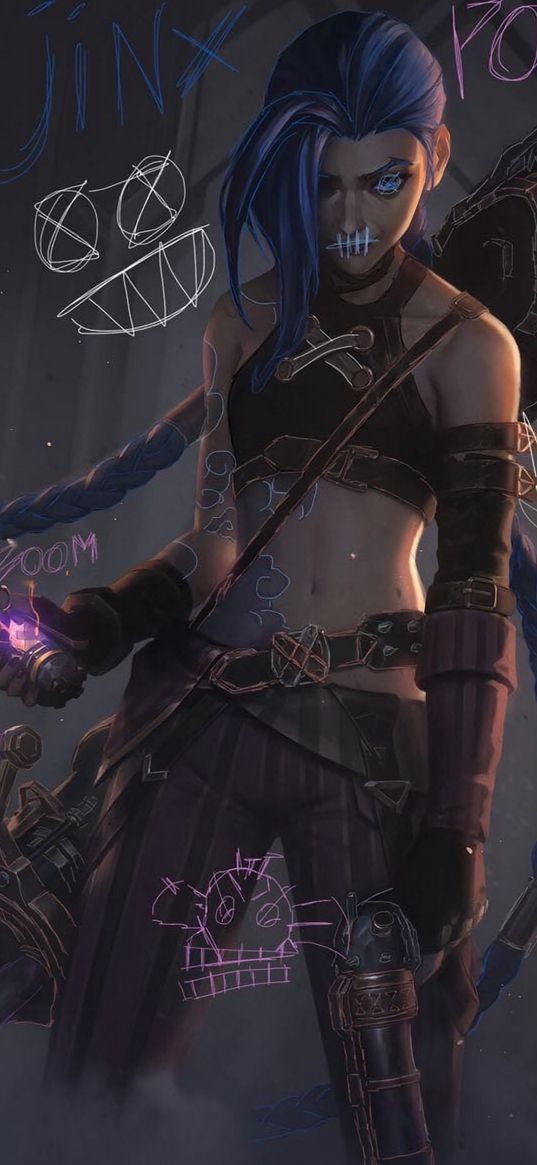 jinx, league of legends, game, lol, arcane, girl, bomb, weapon, art