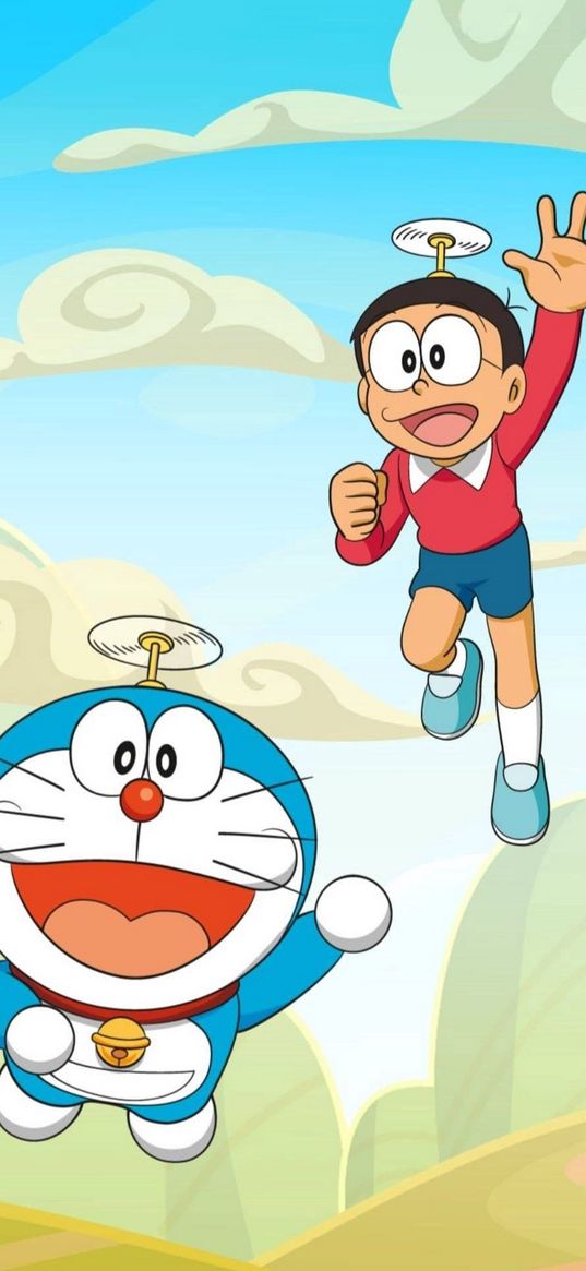 nobita, doraemon, cartoon, cat, boy, propeller, flying, clouds, art