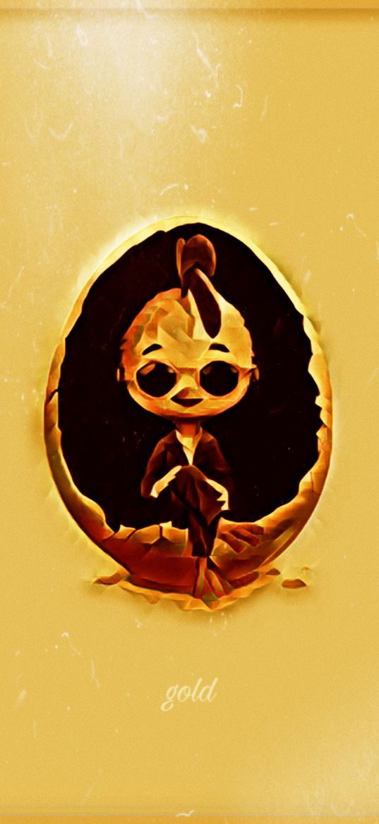 chicken little, cartoon, egg, gold