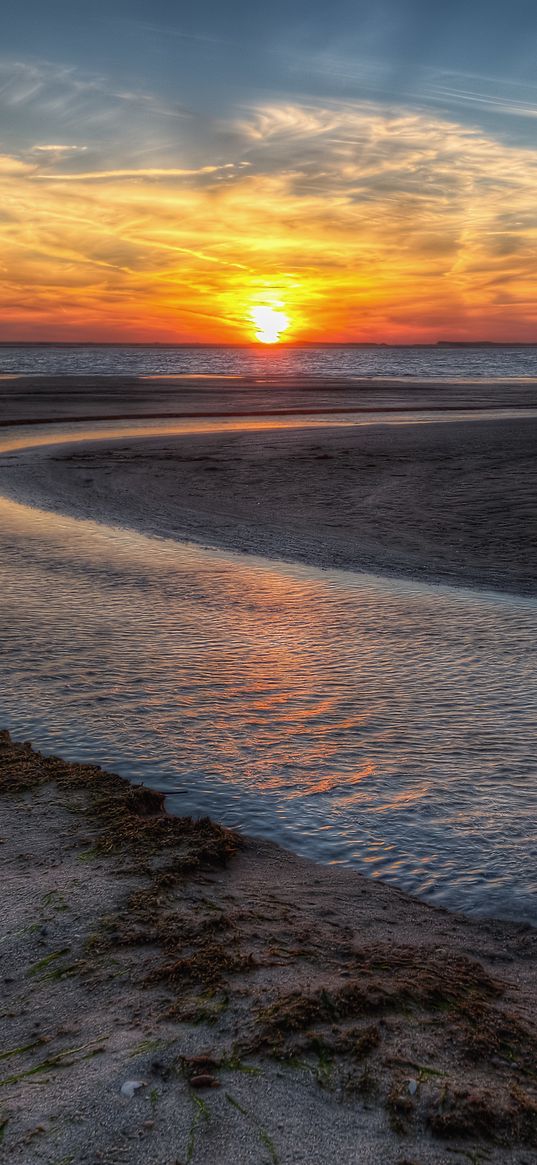 strait, sea, coast, sunset