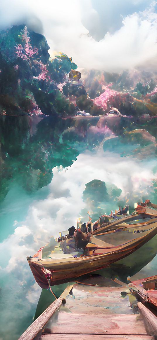 ocean, mountains, mystical, pink, boat