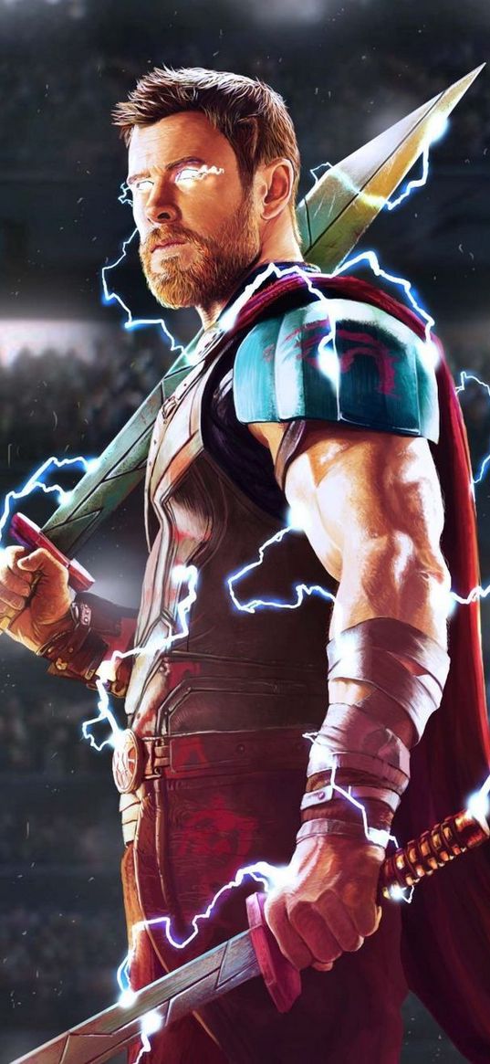 thor, superhero, marvel, man, swords, lightning, armor, art