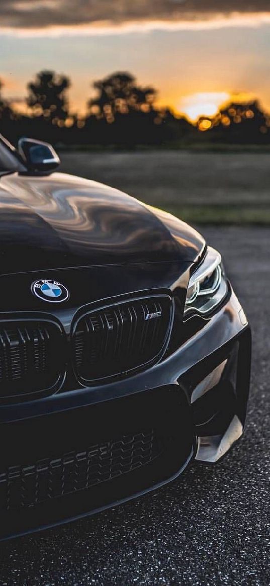 bmw, car, black, asphalt, trees, sunset