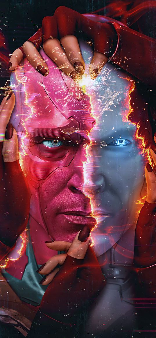 vision, wanda, superhero, marvel, face, hands, sparks, art