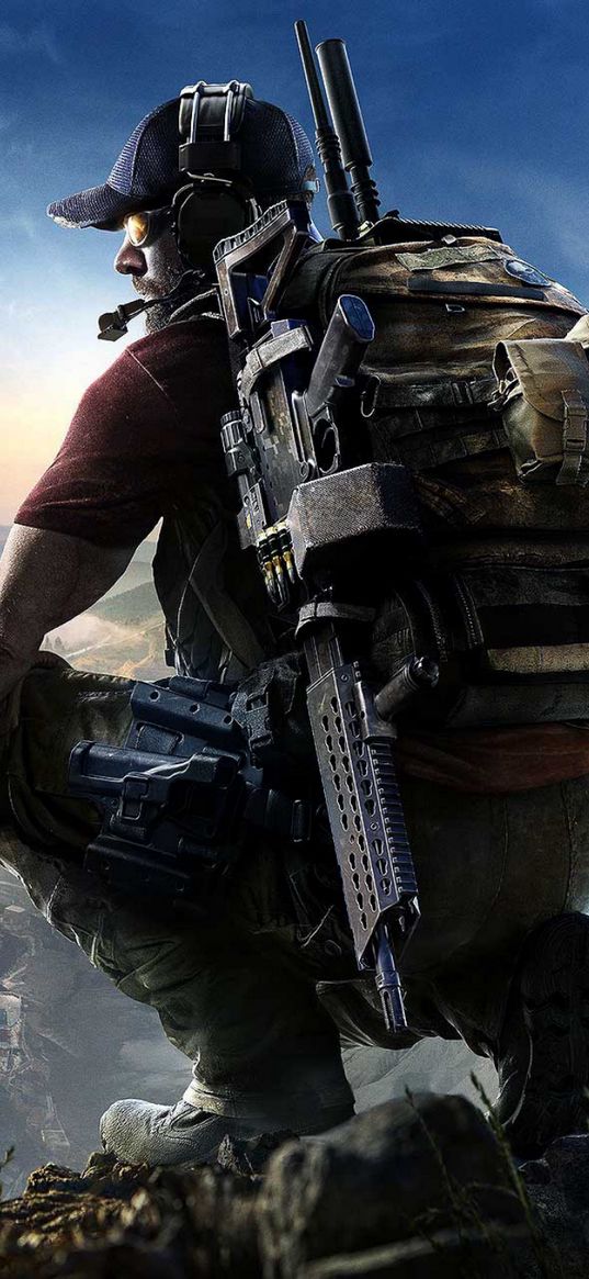 tom clancy's ghost recon, game, man, backpack, weapon, glasses, mountain, peak, art