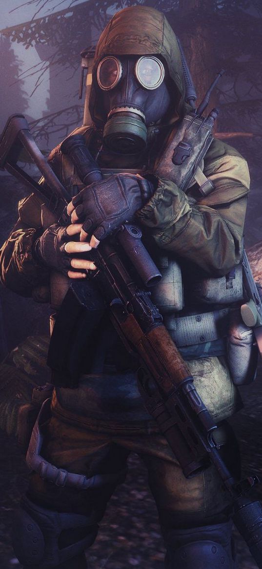 stalker, game, soldier, military, uniform, rifle, forest, night, art