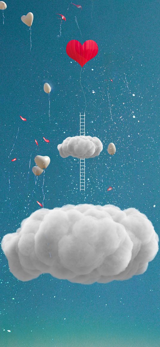 clouds, stairs, balloons, heart, sky