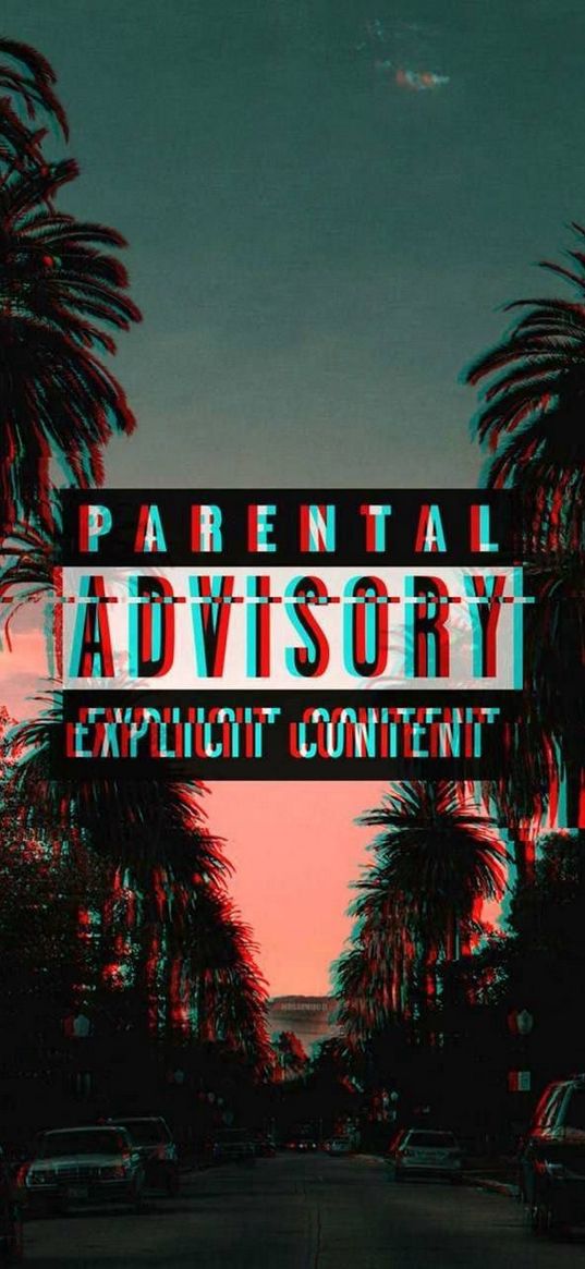 road, cars, palm trees, sunset, text, words, parental advisory explicit content