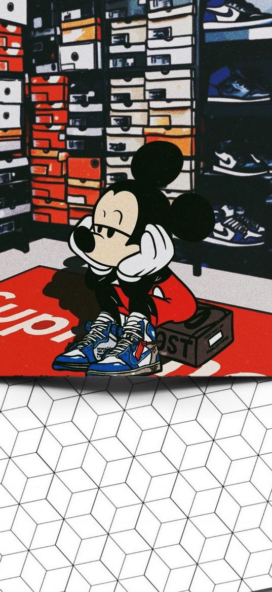 mickey mouse, cartoon, mouse, supreme, air jordan, brand, logo