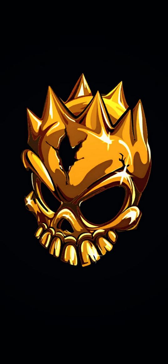 golden skull, black background, art