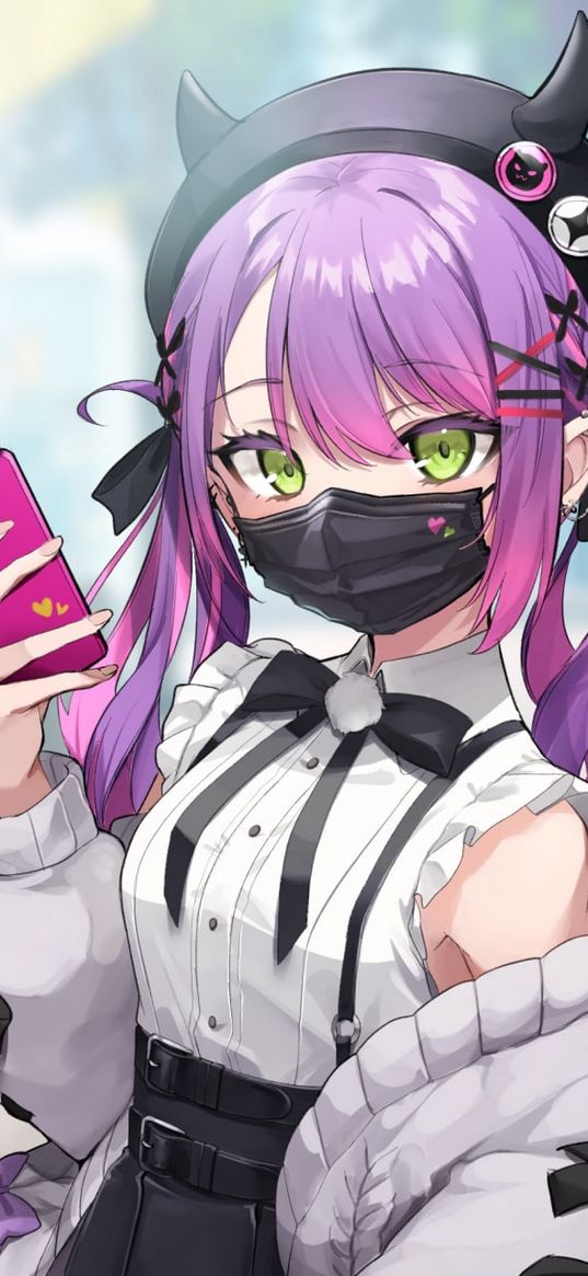 anime, art, girl, mask, smartphone