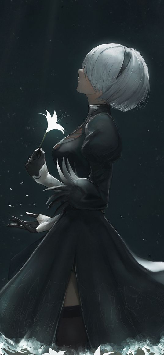 2b, nier automata, anime, girl, game, flower, art