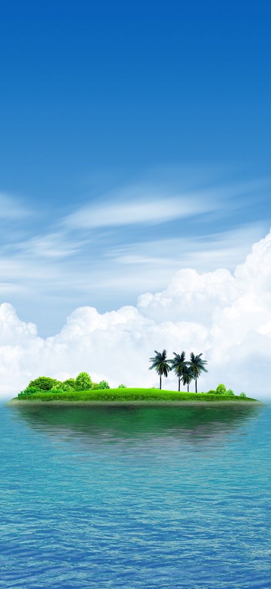 island, trees, sea, blue water, clouds