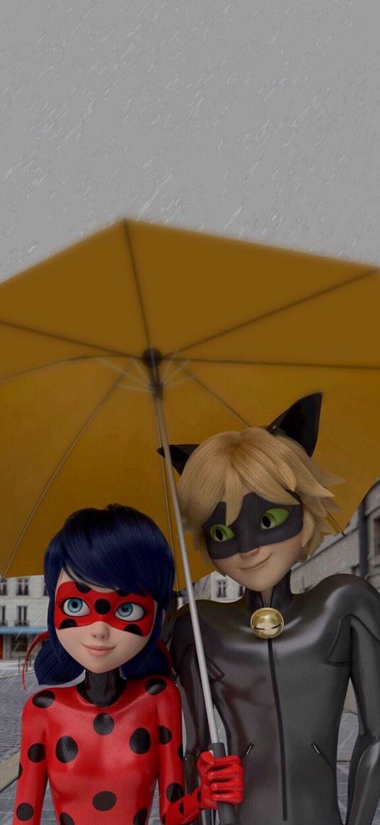 lady bug, cat, miraculous: tales of ladybug and cat noir, cartoon, couple, umbrella, rain