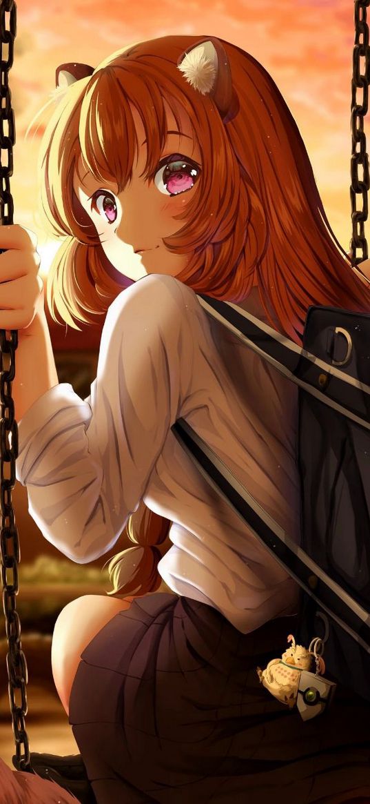girl, redhead, swing, backpack, anime, art