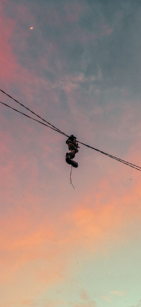 shoes, wires, electric, sky, облака