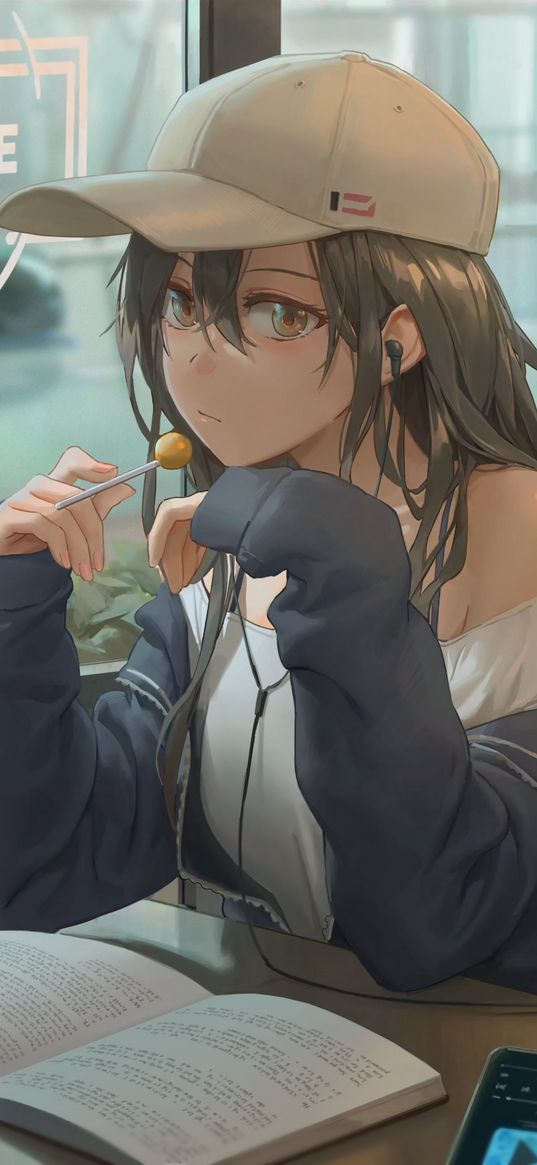 girl, cap, lollipop, music, headphones, book, atmosphere, anime, art