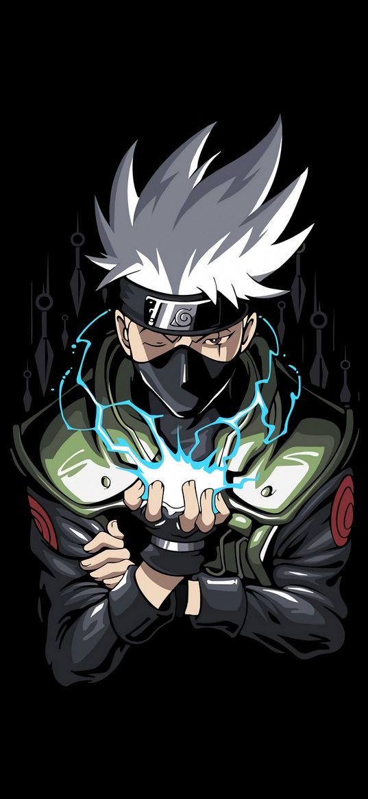 kakashi hatake, naruto, anime, shurikens, lightning, art