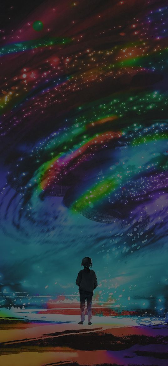 man, figure, rainbow, colorful, whirlwind, glitter