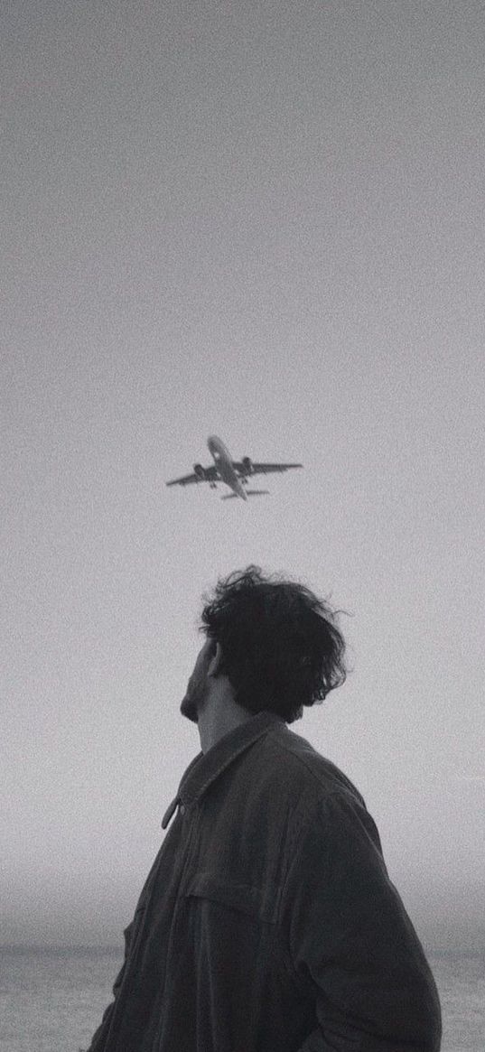 boy, plane, flight, sky, gray, photo