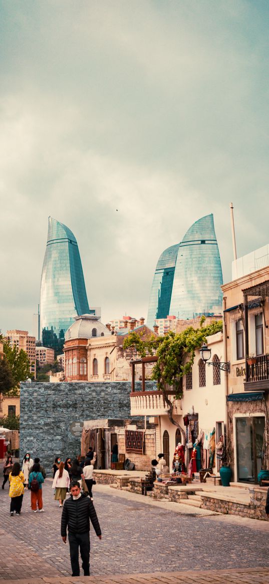 baku, azerbaijan, capital, city, icheri sheher, towers, street, noon