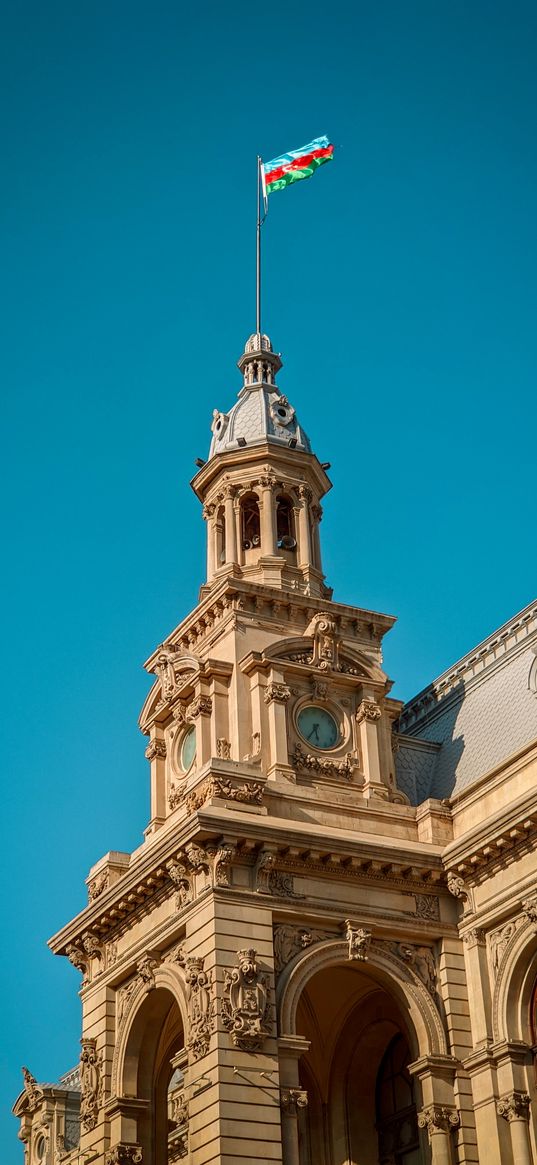 baku, azerbaijan, capital, city, icheri sheher, flag, blue sky, building