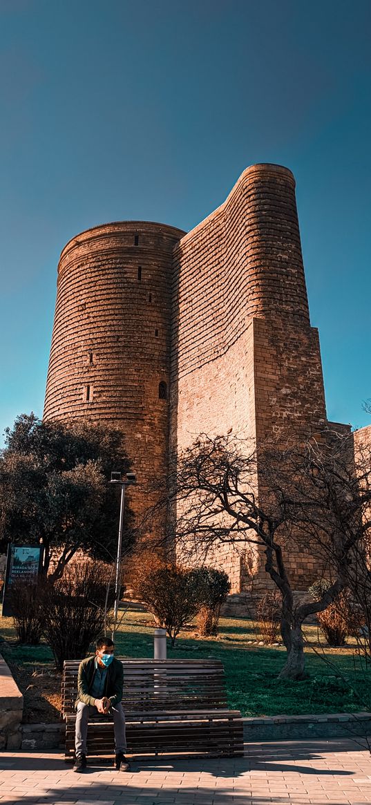 baku, azerbaijan, capital city, icheri sheher, maiden tower, blue sky