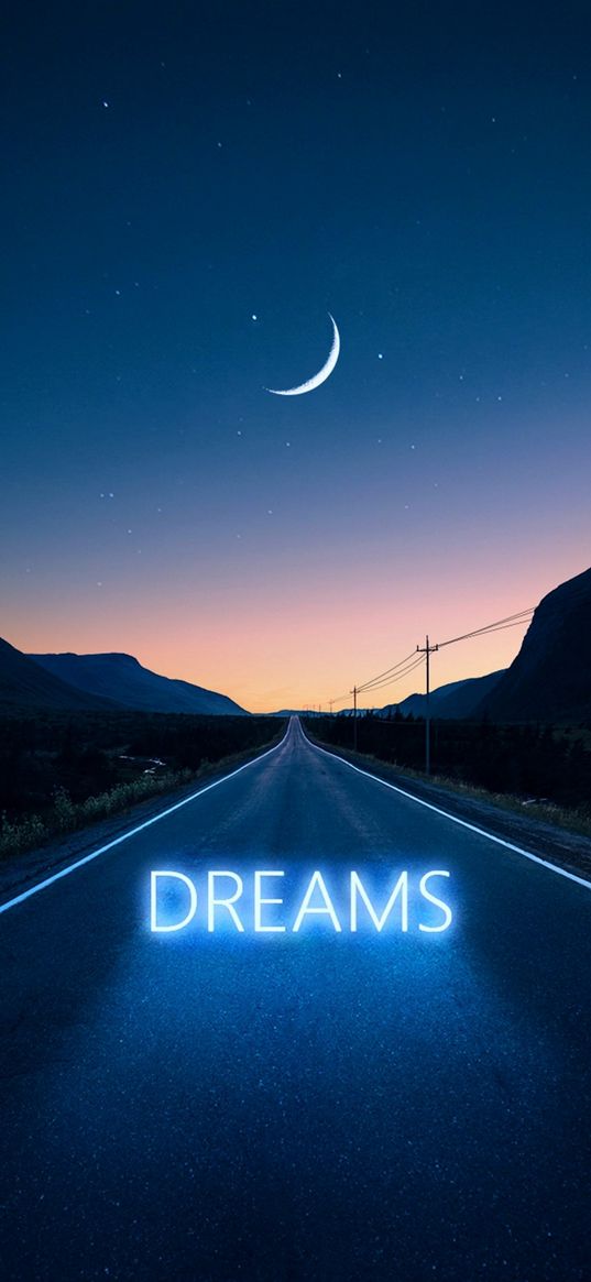 dreams, night, road, moon